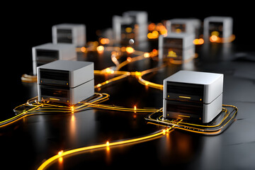 Network Security Concept With Servers, Data Connections, Digital Protection, Cybersecurity Technologies, Network Architecture, Secure Data Flow