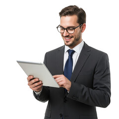 Smiling businessman in suit using tablet isolated on transparent background