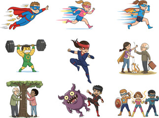 Group of superhero kids and kind children helping others, showing strength, kindness, teamwork, fighting monsters, running fast, lifting weights