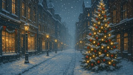 Snowy festive street with decorations.