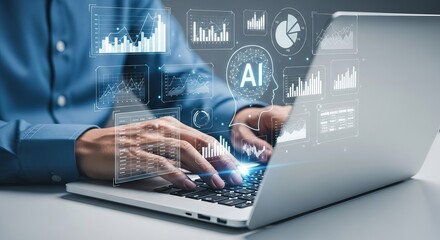 Man working on a laptop with ai and data analytics visualizations, representing the future of technology and intelligent business solutions