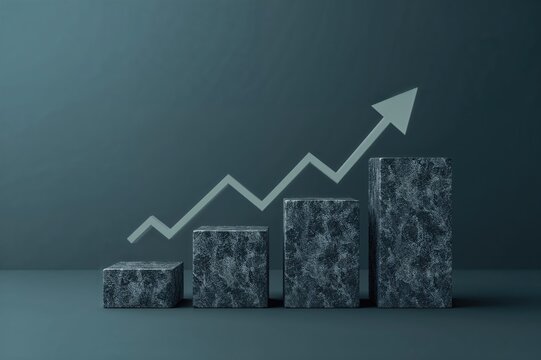 Concepts of financial downturn and crisis depicted with cubes, a rising arrow, dollar sign, and symbols indicating loss and reduction.