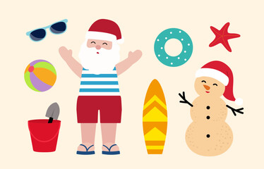 Summer Christmas beach set.
Collection of Santa Claus, sand snowman, starfish, surfboard, swimming ring, beach ball, sunglasses, and sand digging tools.
Design for greeting card, poster, invitation.