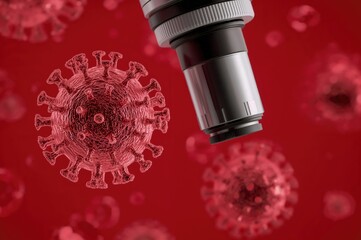 Microscopic view of a virus with a warning symbol indicating an outbreak