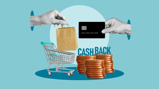 Cash back, money saving concept with dollar coins, cart trolley and bank card. Guarantee bonus program and Online shopping, cashback sale offer, Cash back service