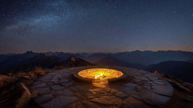 Bonfire atop mountain under starry sky, offering warmth & reflection for travel blogs - Powered by Adobe