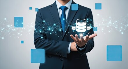 Professional businessman presenting data solutions with cutting-edge database system, a modern approach to secure information management and analytics