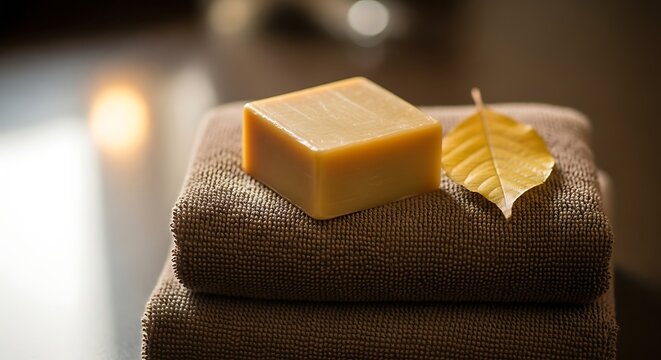 Natural handmade soap bar resting on soft folded towels with a decorative autumn leaf