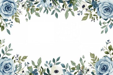 Watercolor floral arrangement featuring dusty blue roses, white hydrangeas, ranunculus, anemones, eucalyptus, juniper, and brunia in a decorative frame. Wedding invitation design.
