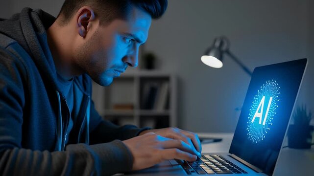 A man focused on coding at a laptop with a glowing blue AI logotype on the screen.