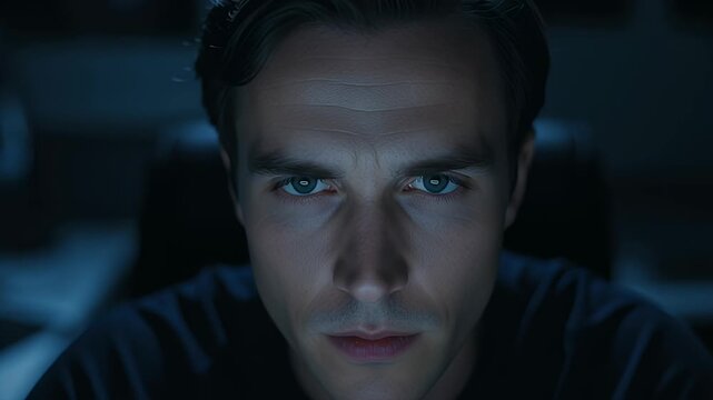 A focused man working intently on a laptop in a dimly lit environment.