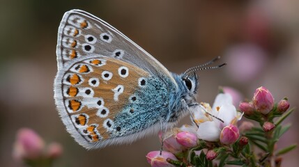 Obraz premium Blue Butterfly on Pink and White Flower Buds, Close-Up