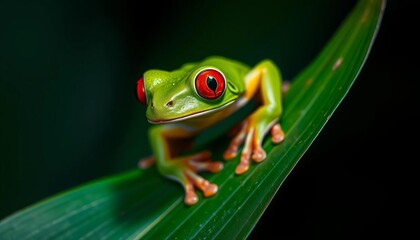 Fototapeta premium Vibrant red-eyed tree frog perched on a leaf at night, wildlife, tropical