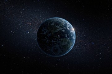 Fototapeta premium The planet appears blue amidst the stars and universe, surrounded by white clouds and a glowing ozone layer.