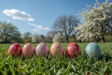 Fototapeta premium A line of colorful Easter eggs on the grass