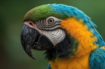 Fototapeta premium Detailed view of a vibrant macaw's face in close-up.