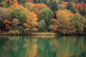 Fototapeta premium Autumn foliage reflections in a serene forest setting