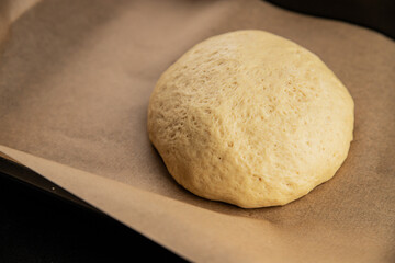Dough raw cooking yeast, flour, water tasty snack fresh delicious gourmet food background on the table rustic food top view copy space