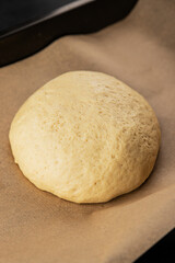 Dough raw cooking yeast, flour, water tasty snack fresh delicious gourmet food background on the table rustic food top view copy space