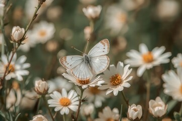 Obraz premium Charming small butterfly with white and orange wings resting in the early morning outdoors.