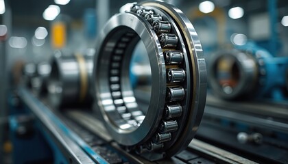 Machinery manufacturing detailed ball bearings for mechanisms, repairs, bearing section. Precision steel parts for industrial engineering, automotive technology. Metallic chrome shiny objects for