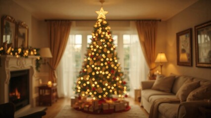 Festive room adorned with holiday decorations and a Christmas tree, blurred for background effect