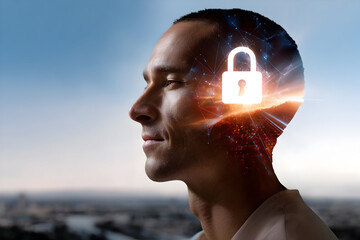 Privacy Security Concept, Man's Mind Illustrates Data Protection, Digital Lock Symbolizing Safety, Technology and Trust Integration in Modern Society