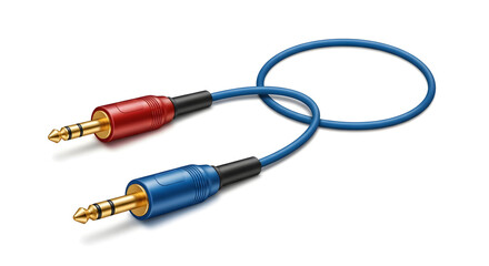 Illustration showcasing a red and blue stereo audio jack cable intricately arranged against a stark white background, emphasizing connectivity and artistic minimalism designed to highlight the