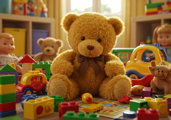 Playful Teddy Bear Amidst Colorful Childrens Toys.