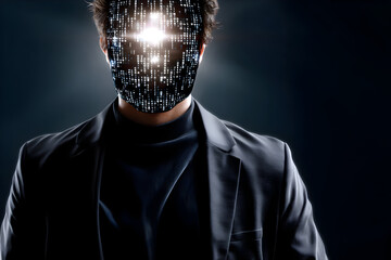 Privacy Security Concept With a Person Displaying a Digital Face Composed of Binary Code, Exploring Data Protection in a Cyber World
