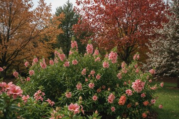 Naklejka premium Stunning blooms adorning a shrub against an autumn backdrop
