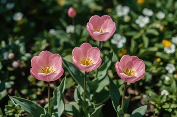 Fototapeta premium Gorgeous pink tulips blooming in a garden setting with green leaves and a natural backdrop