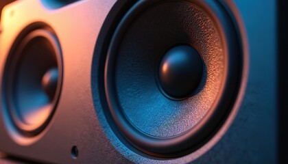 Close-up of portable sound speaker with subwoofer, ideal for concerts, music events. Pastel color, modern design fit party entertainment setting. Features high fidelity audio with rich bass tones for