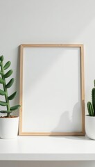 Clean white desk, cactus, picture frame mockup for branding, presentation, photography, office