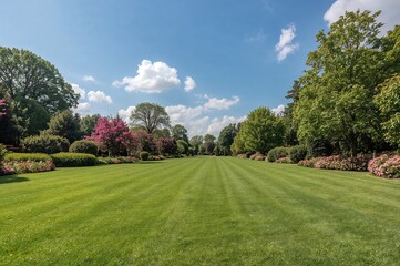Naklejka premium Scenic natural green grass area perfect for relaxation in a botanical garden setting.