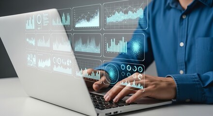 Person typing on laptop with glowing data analytics charts and graphs displayed on the screen, representing business intelligence and digital transformation