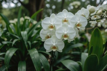 Obraz premium Stunning white orchid blooms backdrop with spring garden vibes