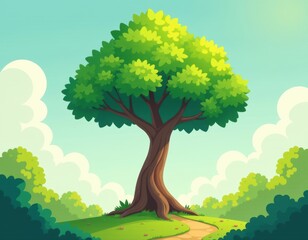 Whimsical Cartoon Tree on a Green Hill with Path