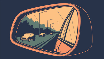 View from car side mirror of highway traffic and trees