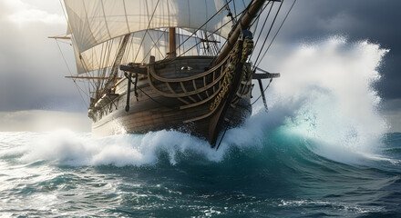 Obraz premium A large, wooden sailing ship navigates rough seas, with waves crashing against its hull under a dramatic, cloudy sky.