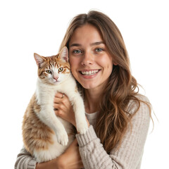 Smiling young woman with cat isolated on transparent background