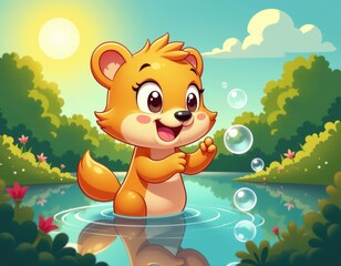 Cute Cartoon Otter Character Playing with Bubbles in Sunny Nature