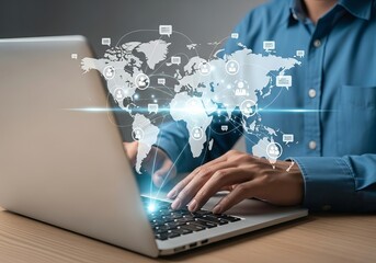 Person using a laptop with a glowing world map and network connections, symbolizing global connectivity and digital communication