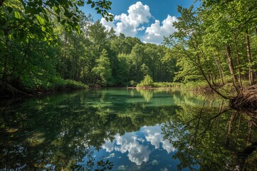 Obraz premium Scenic crystal-clear pond nestled in a forest setting