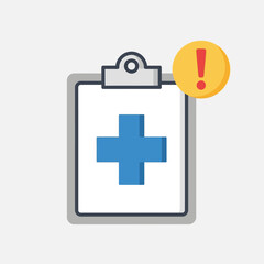 Obraz premium A clipboard with a blue medical cross symbol and a yellow exclamation mark icon.