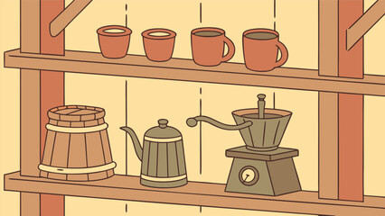 Vintage coffee making equipment on wooden shelves retro