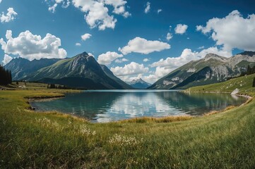Naklejka premium Stunning wide-angle scene of a lake encircled by verdant fields and towering peaks beneath a clear blue sky