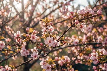 Lovely pink blossoms and fresh green leaves on tree branches against a soft-focused garden background