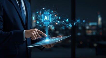 Businessman using tablet to connect with intelligent technology and futuristic networks for business solutions