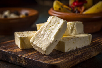 A close-up of Queijo de Cabra (goat cheese), rustic and fresh, often served with papayas or quince paste, a local delicacy.